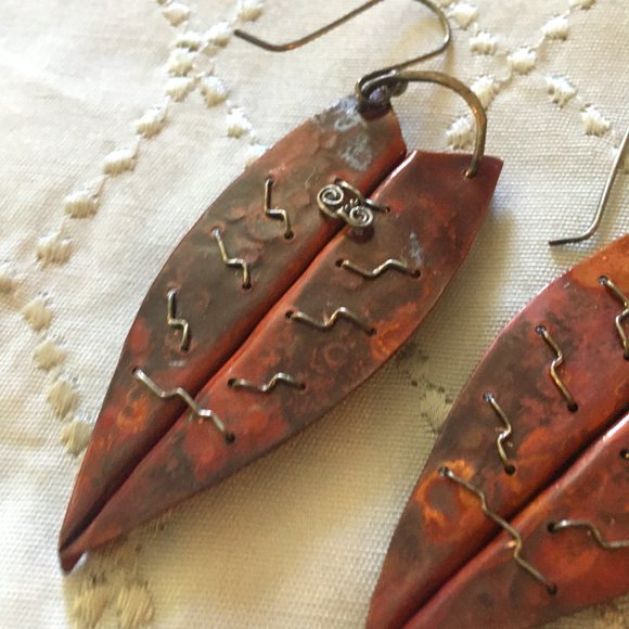 Large Dangly Artisan Rust + Silver Copper Metalwork Beaded Leaf Earrings - Picture 4 of 8